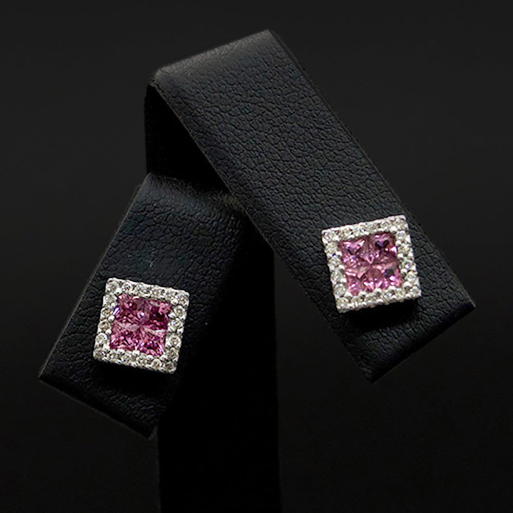 9ct Yellow Gold Square Ruby and Diamond Halo Studs close up, sold at Nouveau Jewellers in Manchester