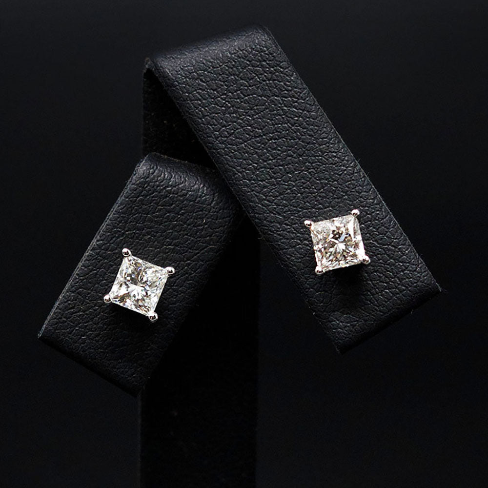18ct White Gold Signature Princess Cut Diamond Stud Earrings close up, sold at Nouveau Jewellers in Manchester