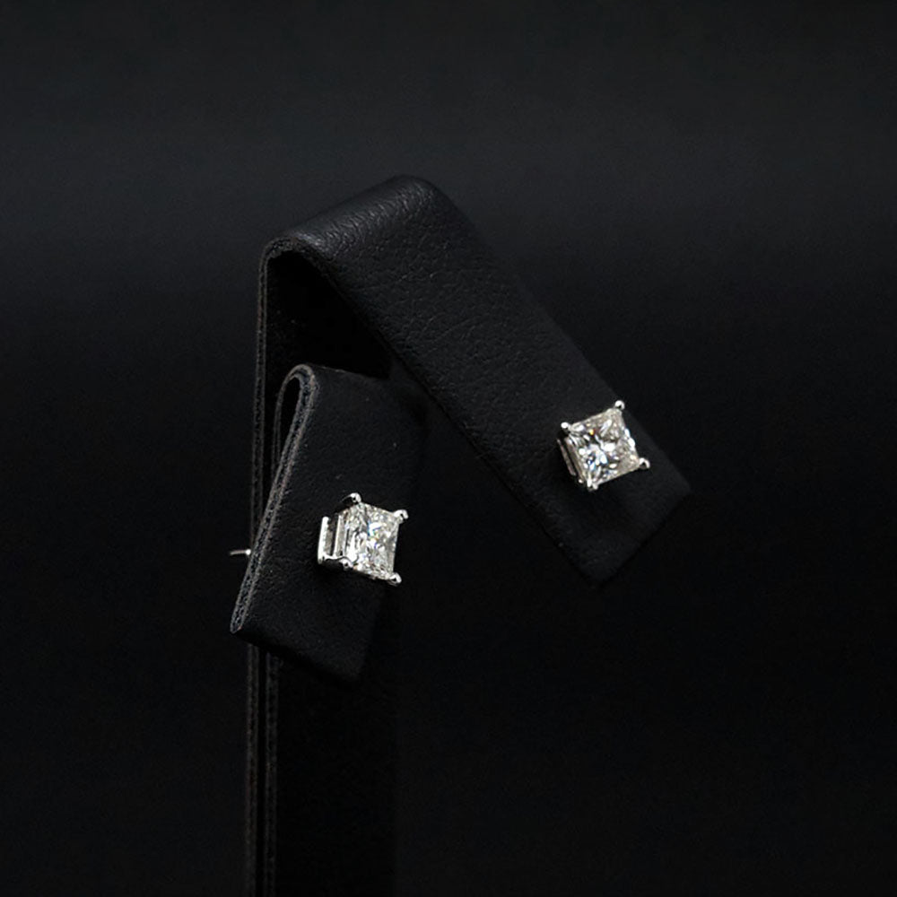 18ct White Gold Signature Princess Cut Diamond Stud Earrings side profile, sold at Nouveau Jewellers in Manchester