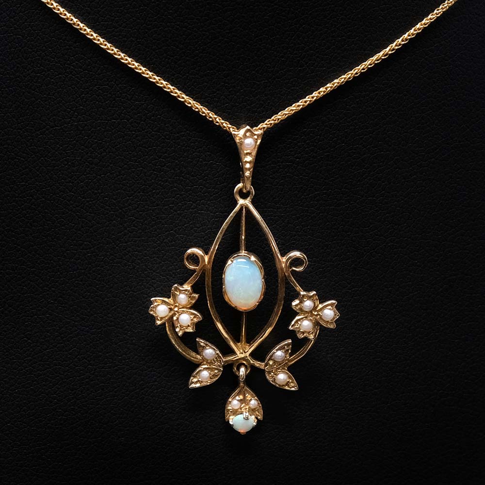 Vintage Yellow Gold Opal with Seed Pearls pendant necklace close up, sold at Nouveau Jewellers Manchester