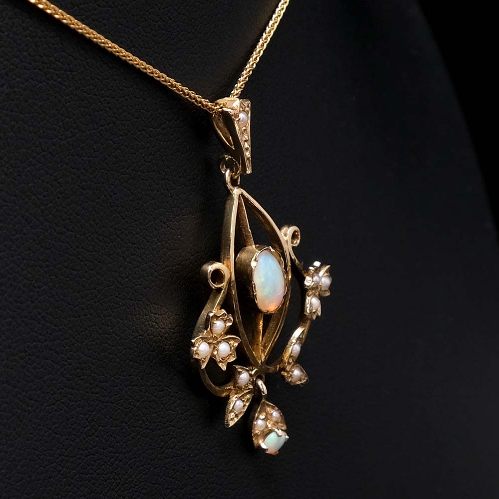 Vintage Yellow Gold Opal with Seed Pearls pendant necklace side profile, sold at Nouveau Jewellers Manchester