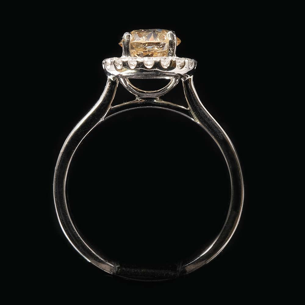 Platinum Halo Yellow Diamond Engagement Ring full profile, sold at Nouveau Jewellers in Manchester