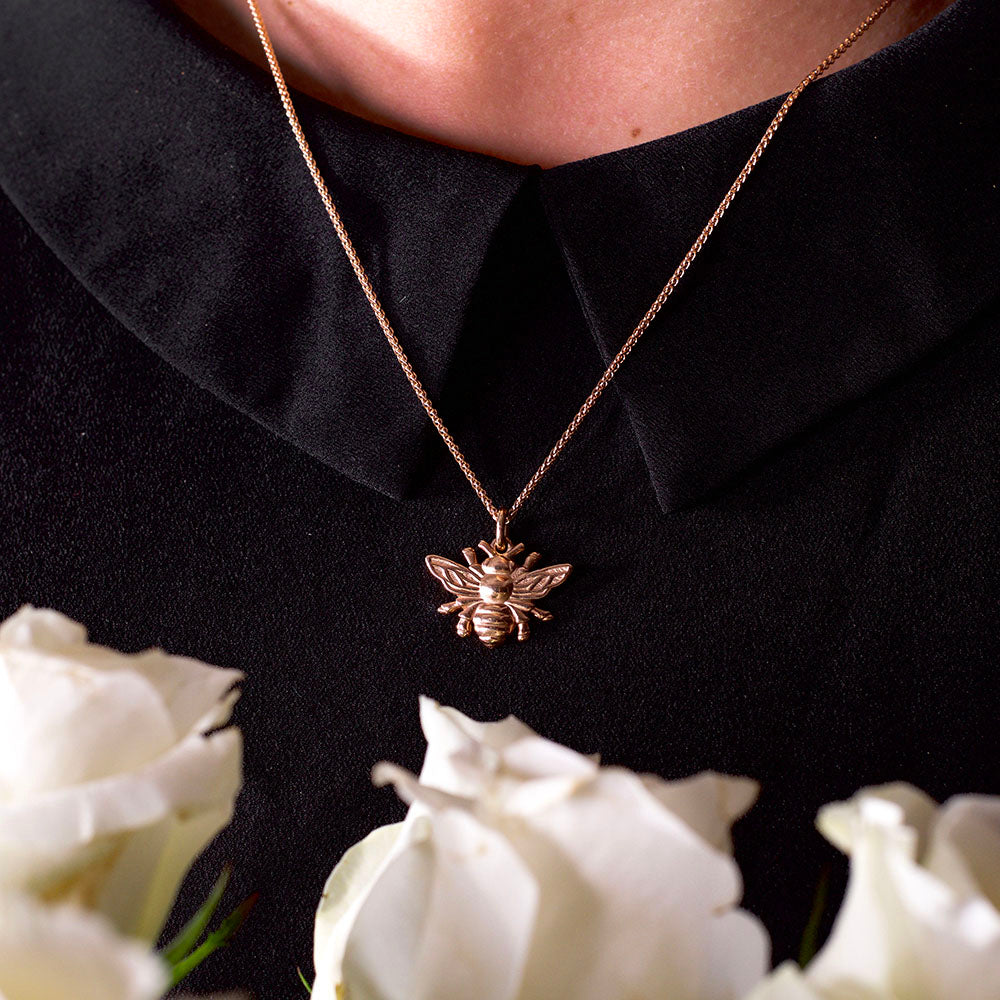 rose gold manchester bee necklace, beehive collection, nouveau jewellers, manchester jeweller