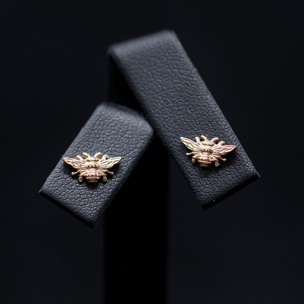 Rose Gold Manchester Bee Studs close up, Beehive Collection exclusively sold at Nouveau Jewellers in Manchester