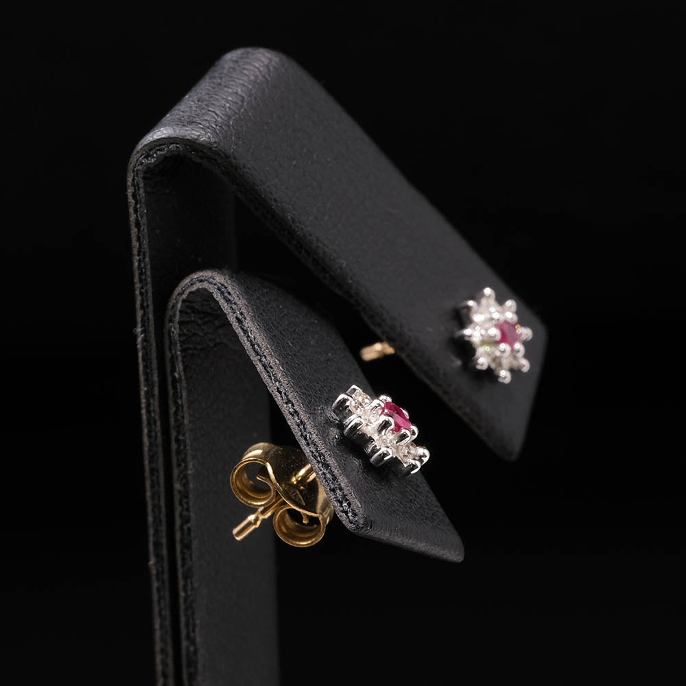 Gold Ruby and Diamond Stud Earrings side profile, sold at Nouveau Jewellers in Manchester