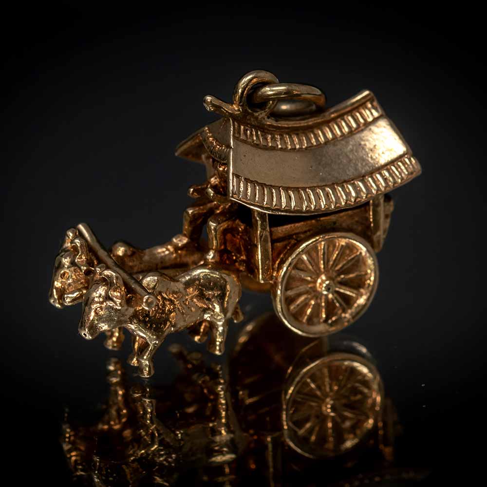 Nouveau Jewellers, Charms and charm bracelets, vintage charms, Oxen and Cart Gold Charm