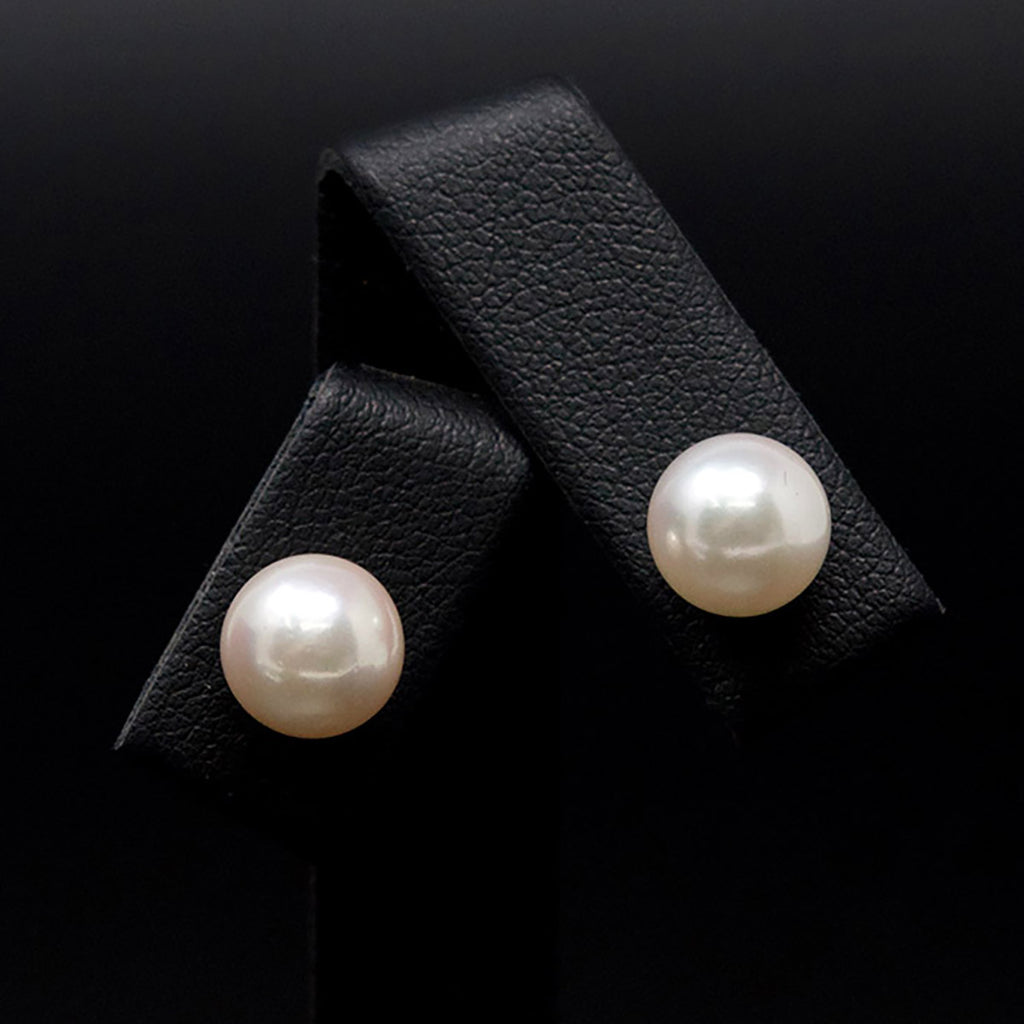 18ct White Gold Pearl Stud Earrings close up, sold at Nouveau Jewellers in Manchester